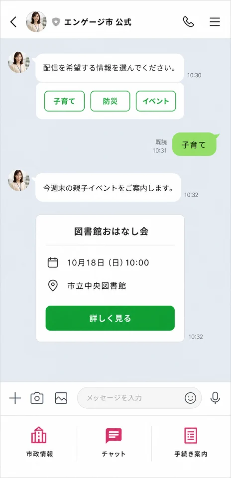 自治体が希望分野に合わせて親子イベントを案内するチャット画面